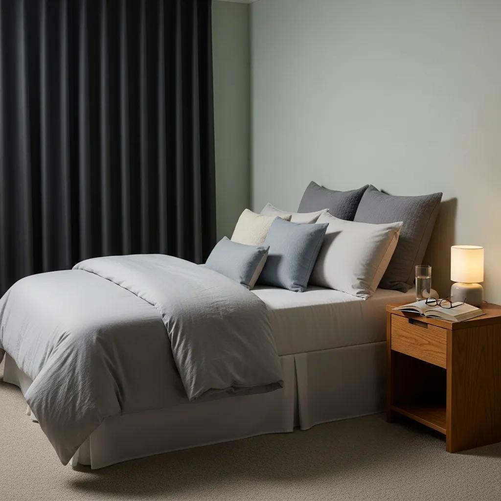 Cozy bedroom designed for restful sleep, featuring a comfortable bed with soft gray bedding, multiple decorative pillows, dark curtains for light control, and a bedside table with a lamp, glass of water, and reading material, emphasizing the importance of a calming sleep environment to improve sleep quality and reduce nightmares.