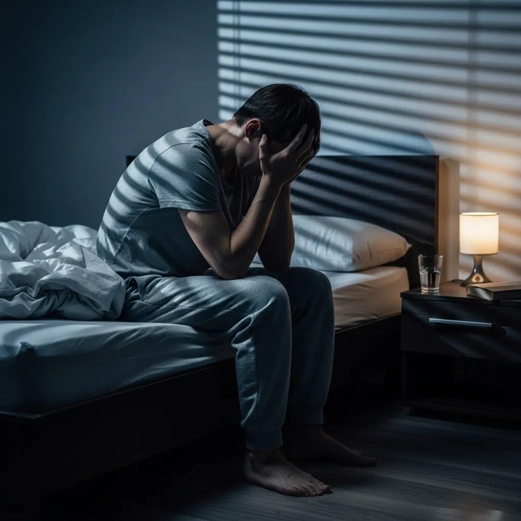 Person sitting on bed looking anxious, representing the impact of stress on nightmares