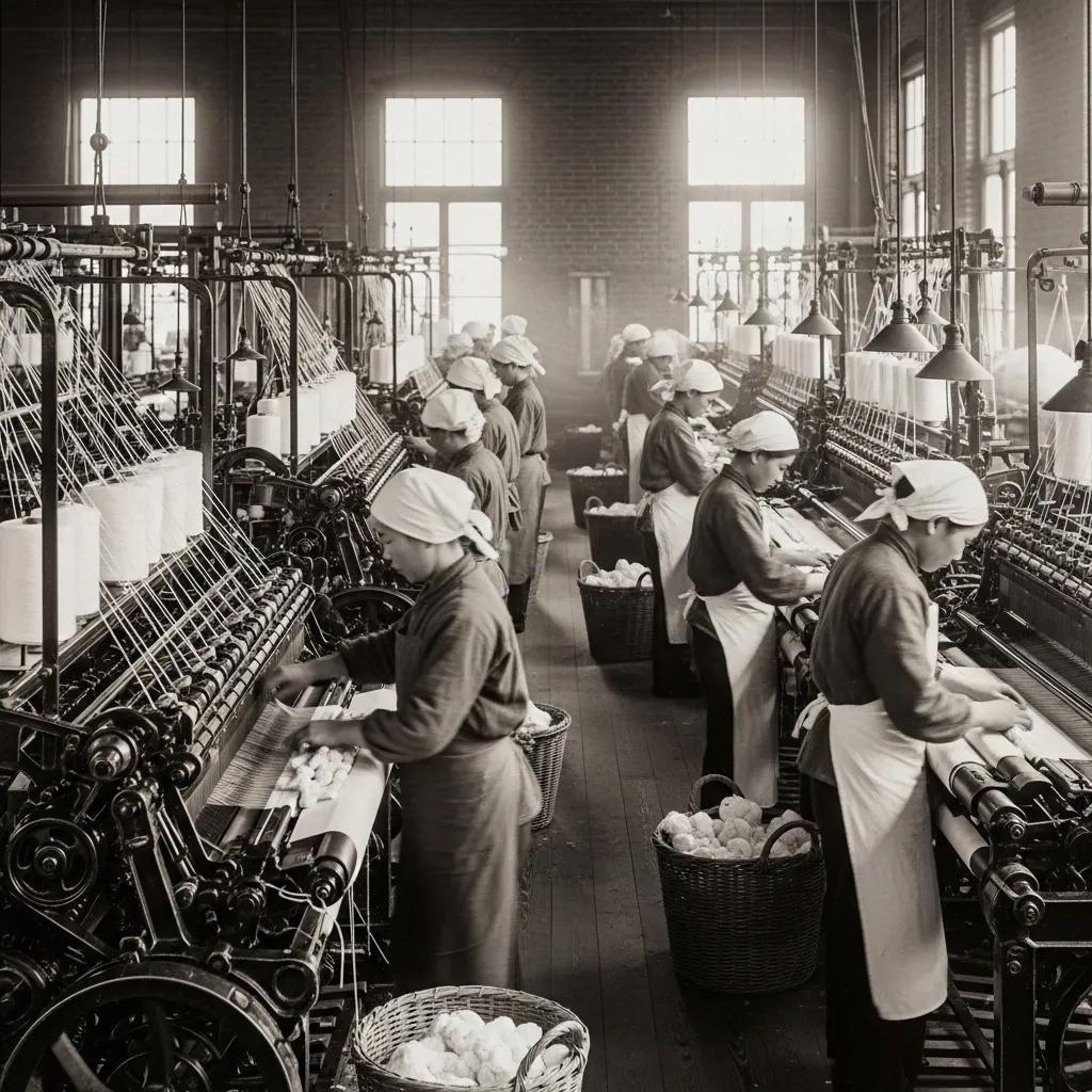 Workers in a Japanese textile factory during the industrialization era